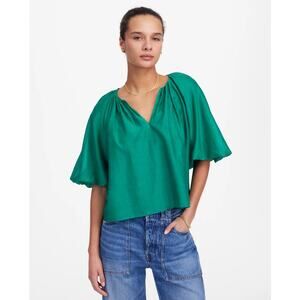 Madewell Bubble Sleeve Top Sz 6 Verdant Green Split V-Neck Pullover Cotton-Silk